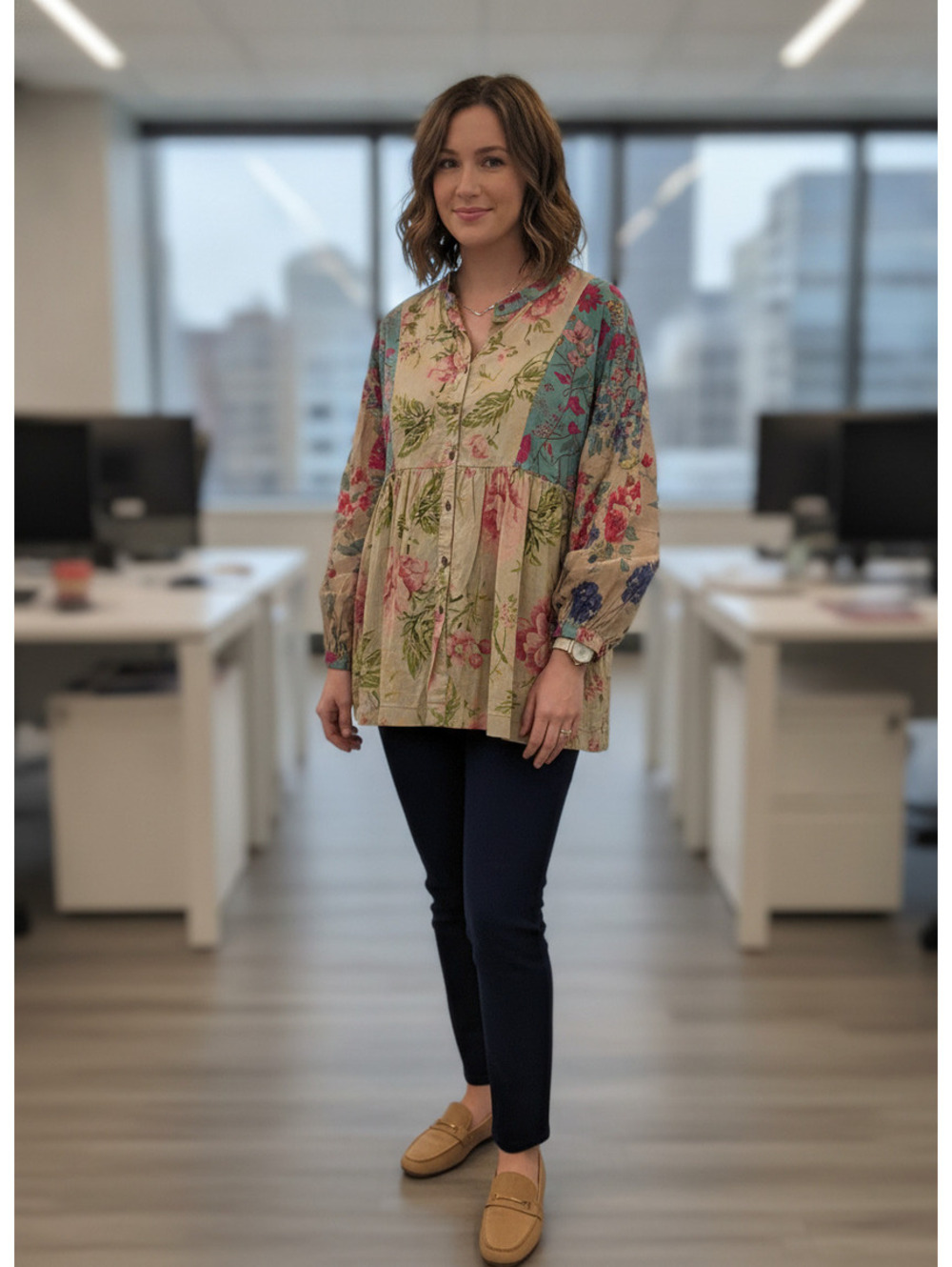 THML Floral Patchwork Button-Up Blouse Size Small